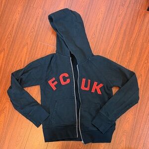 French Connection United Kingdom Black Hoodie with FCUK corduroy Red Letters